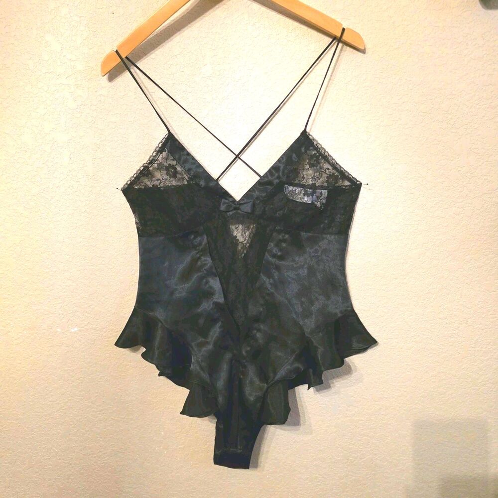 VICTORIA'S SECRET Sz M VINTAGE 1980's Gold Label HIGH LEG black Bodysuit Nightie